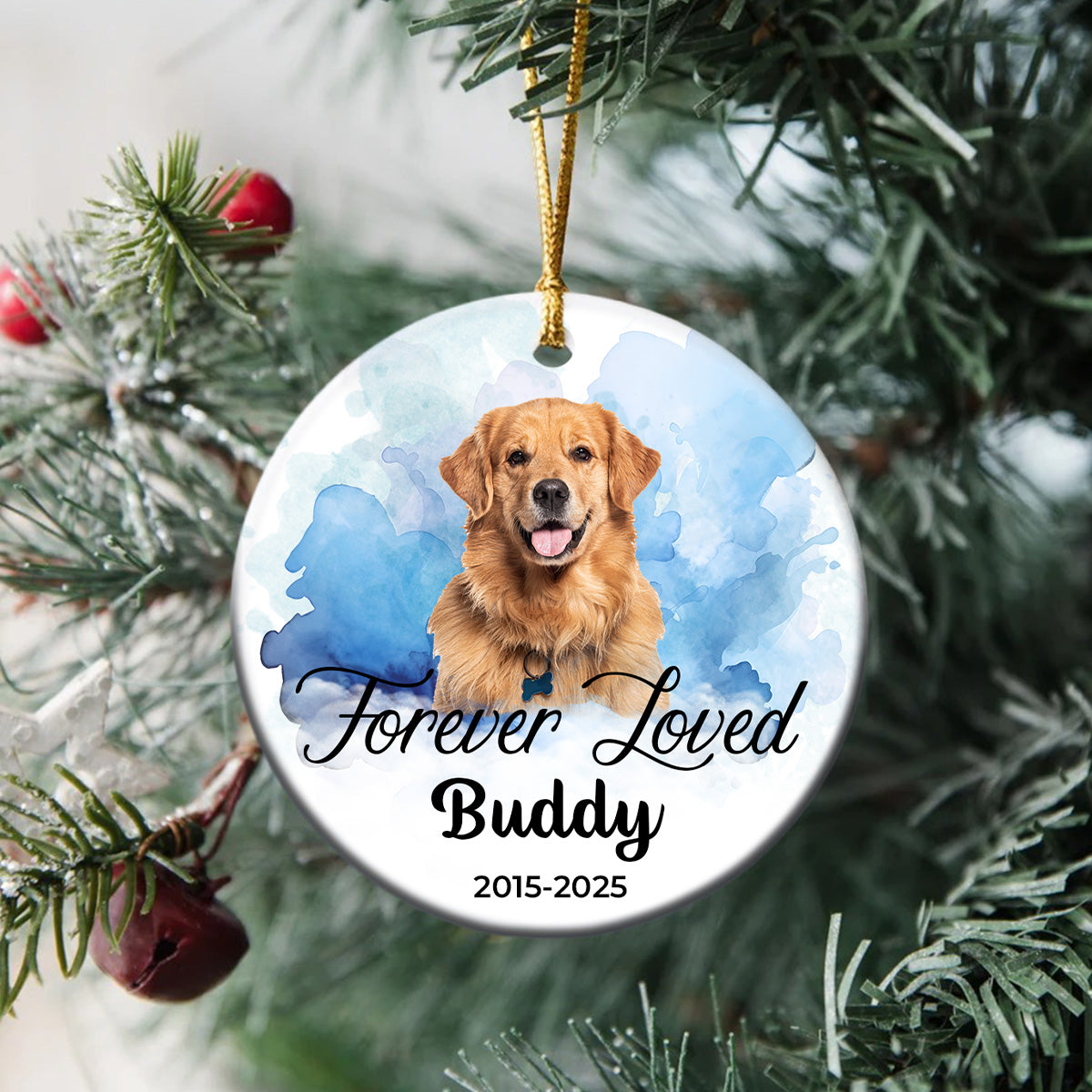 Custom Photo Christmas Forever Loved Dog Memorial Ceramic Ornament CH07 896810