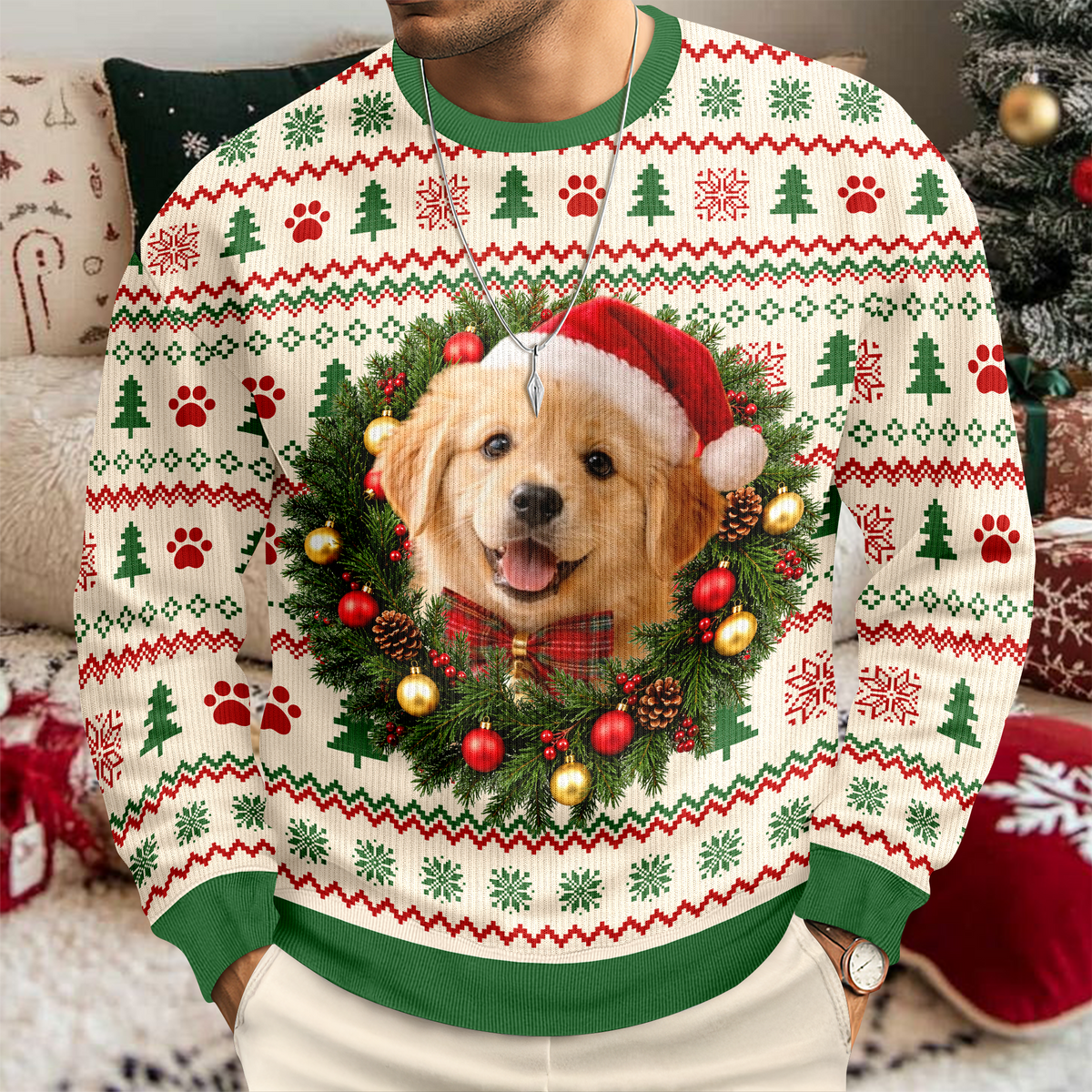 Custom Pet Photo Christmas Wreath Gift Personalized Ugly Sweatshirt CH07 181154