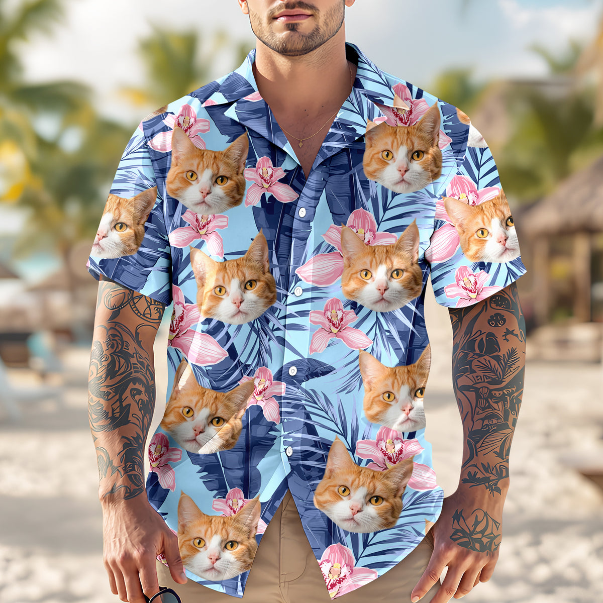 Custom Photo Funny Face Cat Family Vacation Tropical Pattern Hawaii Shirt HA75 892310
