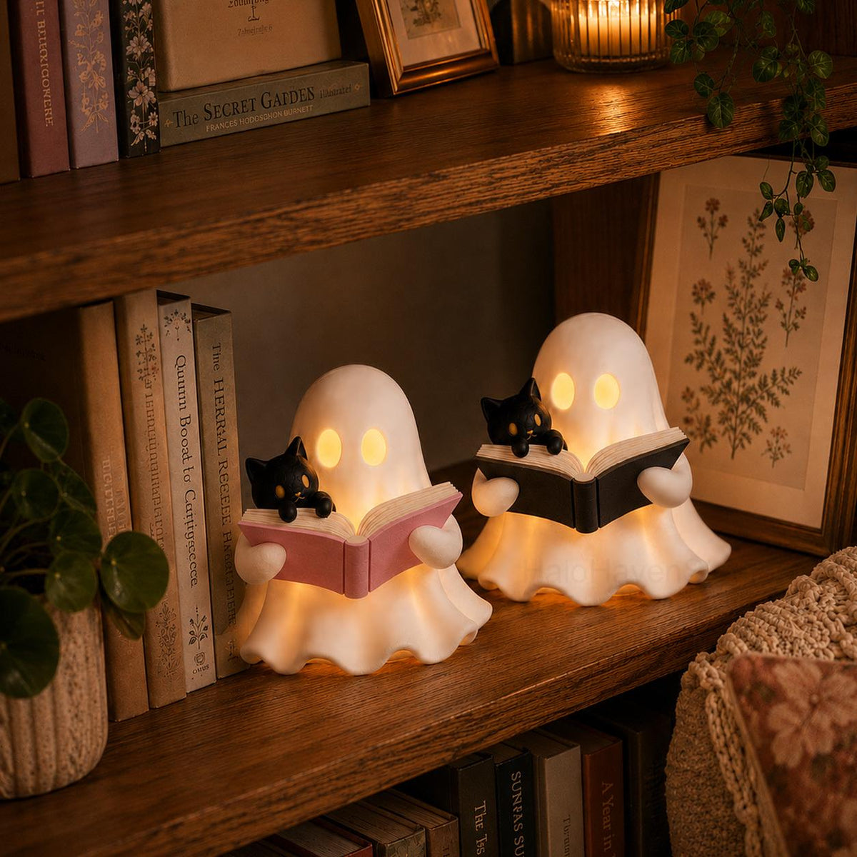 3D Reading Ghost Figurine with Black Cat, LED Tealight Halloween Decor LM32 670039