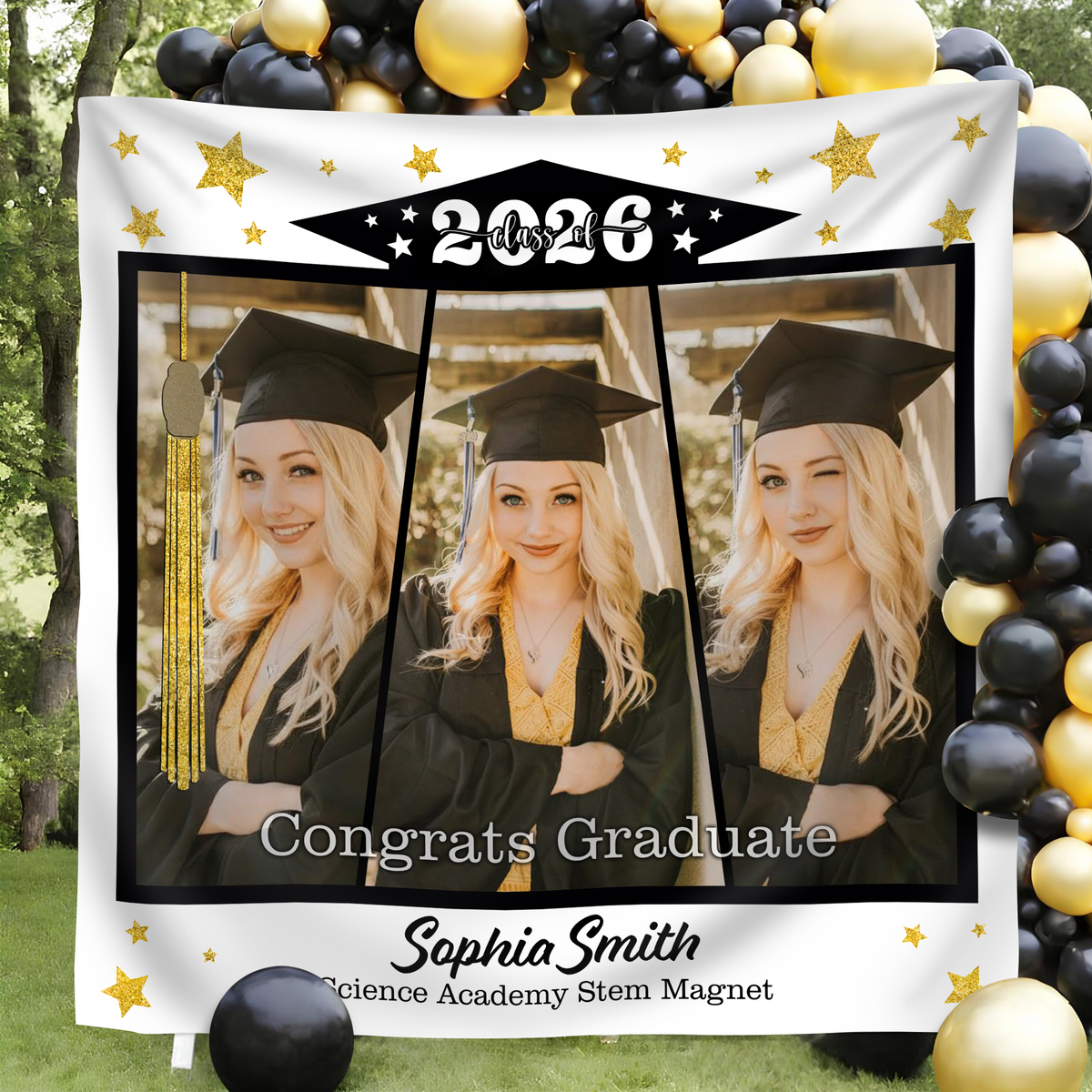 Custom Photo Class of 2026 Glitter Stars Graduation Backdrop, Personalized Congrats Graduate Party Decor LM32 899357
