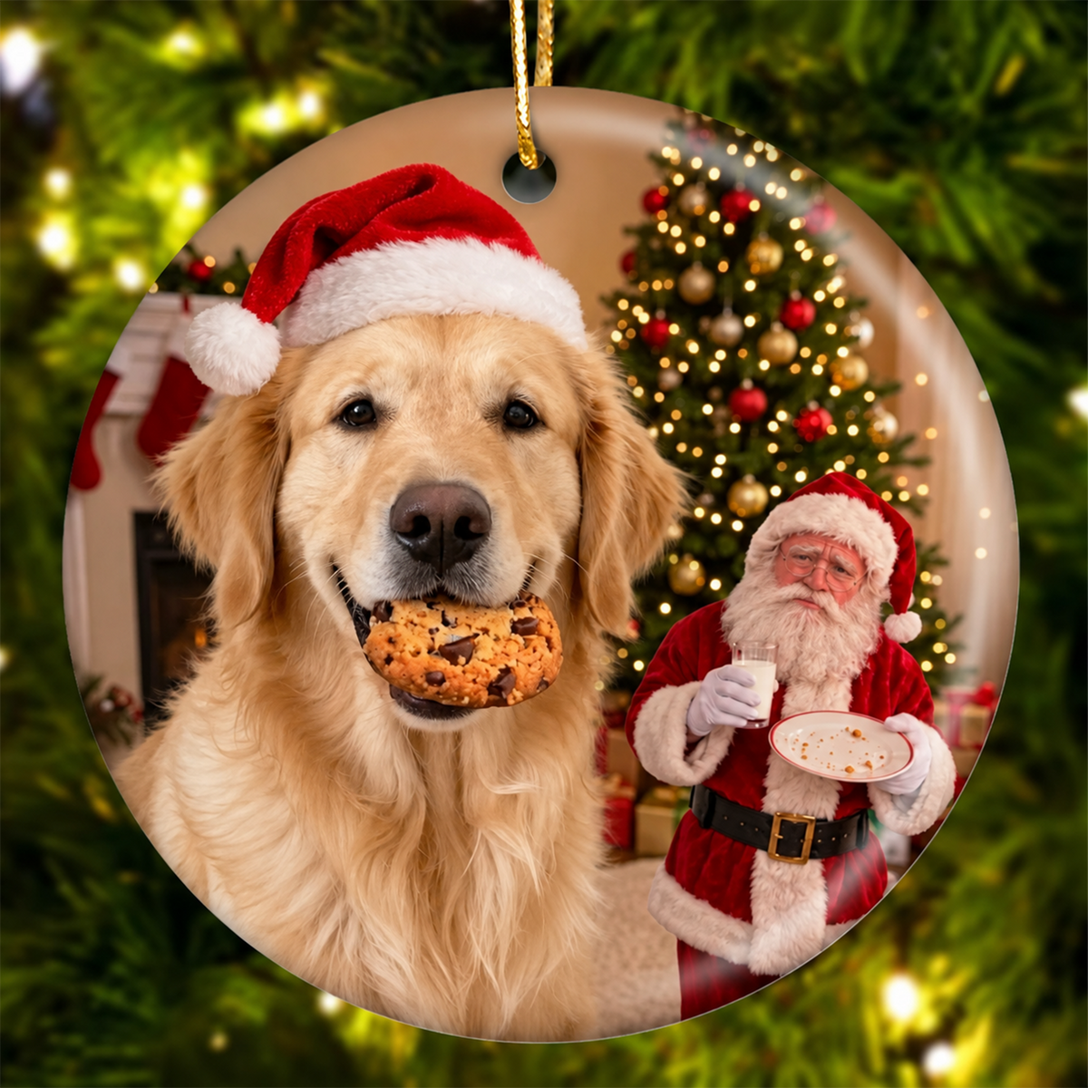Custom Photo Funny Dog Steals Cookie From Santa Personalized Ceramic Ornament HA75 919588