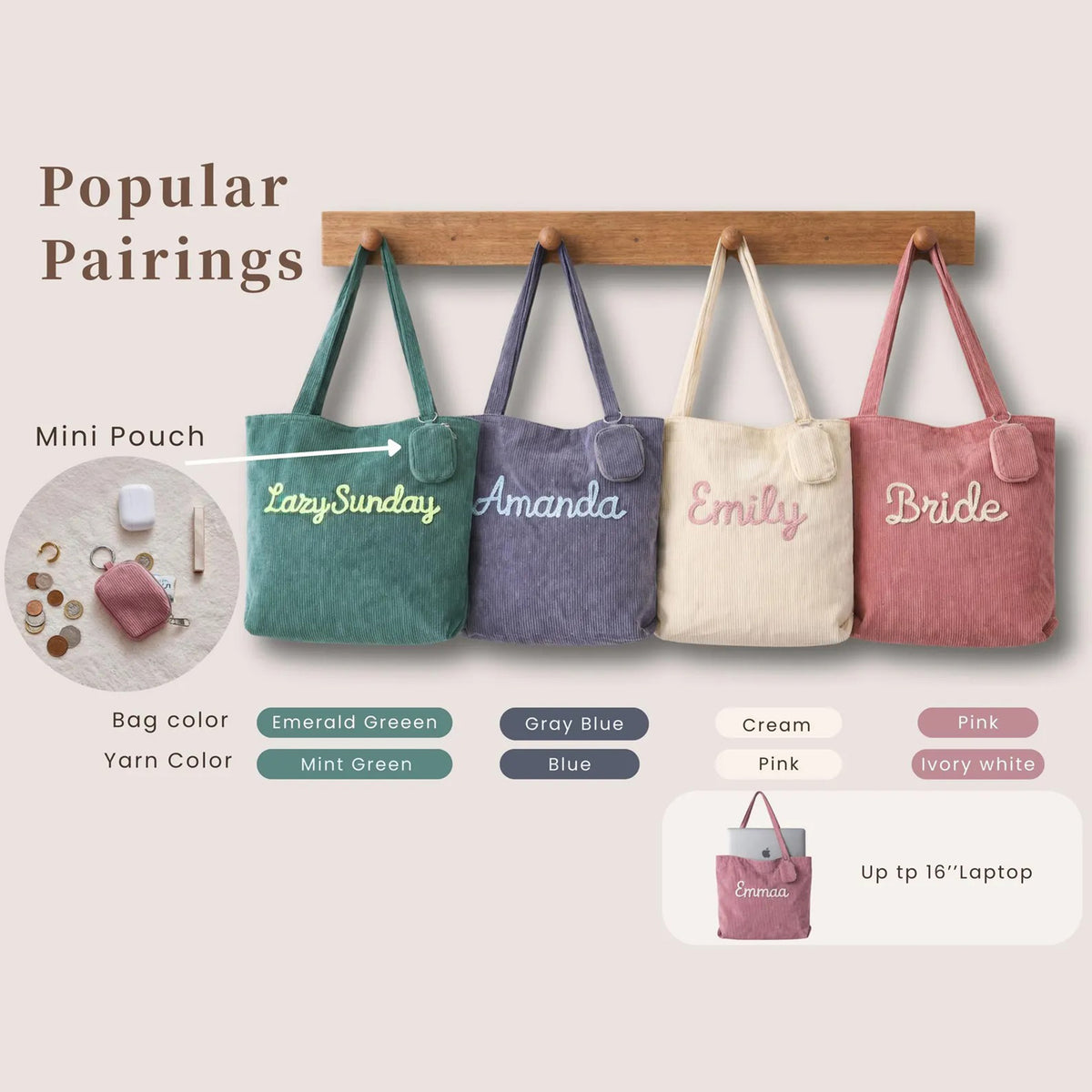 Personalized Embroidered Corduroy Tote - Bridesmaid Gift, Everyday Essential & Weekender HA75 920584