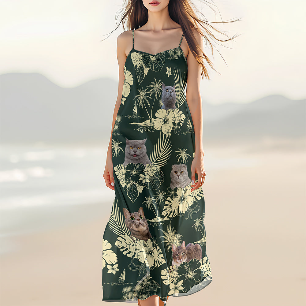 Custom Photo Aloha Hawaiian Cat Women's V-Neck Cami Maxi Dress HO82 893668