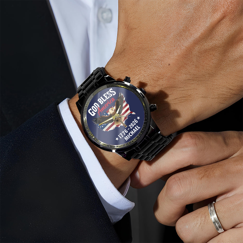 Personalized Name Patriotic 250th Anniversary God Bless America Eagle 1776–2026 Men's Wrist Watch HO82 901560