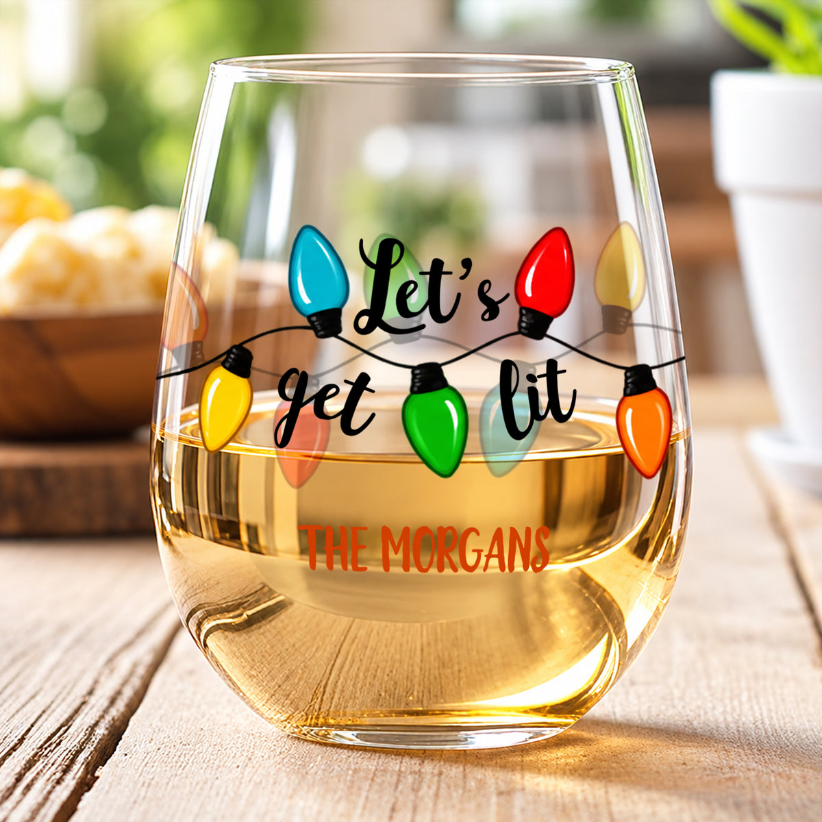 Custom Name Let's Get Lit Christmas Lights Stemless Wine Glass Gift For Family TH10 171405