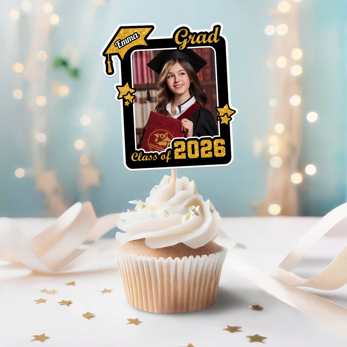 Custom Photo Class of 2026 Glitter Graduation Cupcake Toppers, Personalized Party Decorations CH07 895598