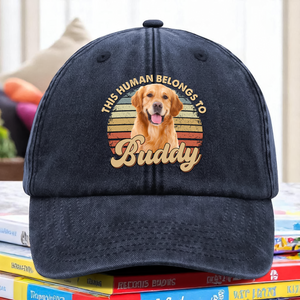 Custom Photo This Human Belongs To Dog, Cat Washed Denim Baseball Cap HA75 892512