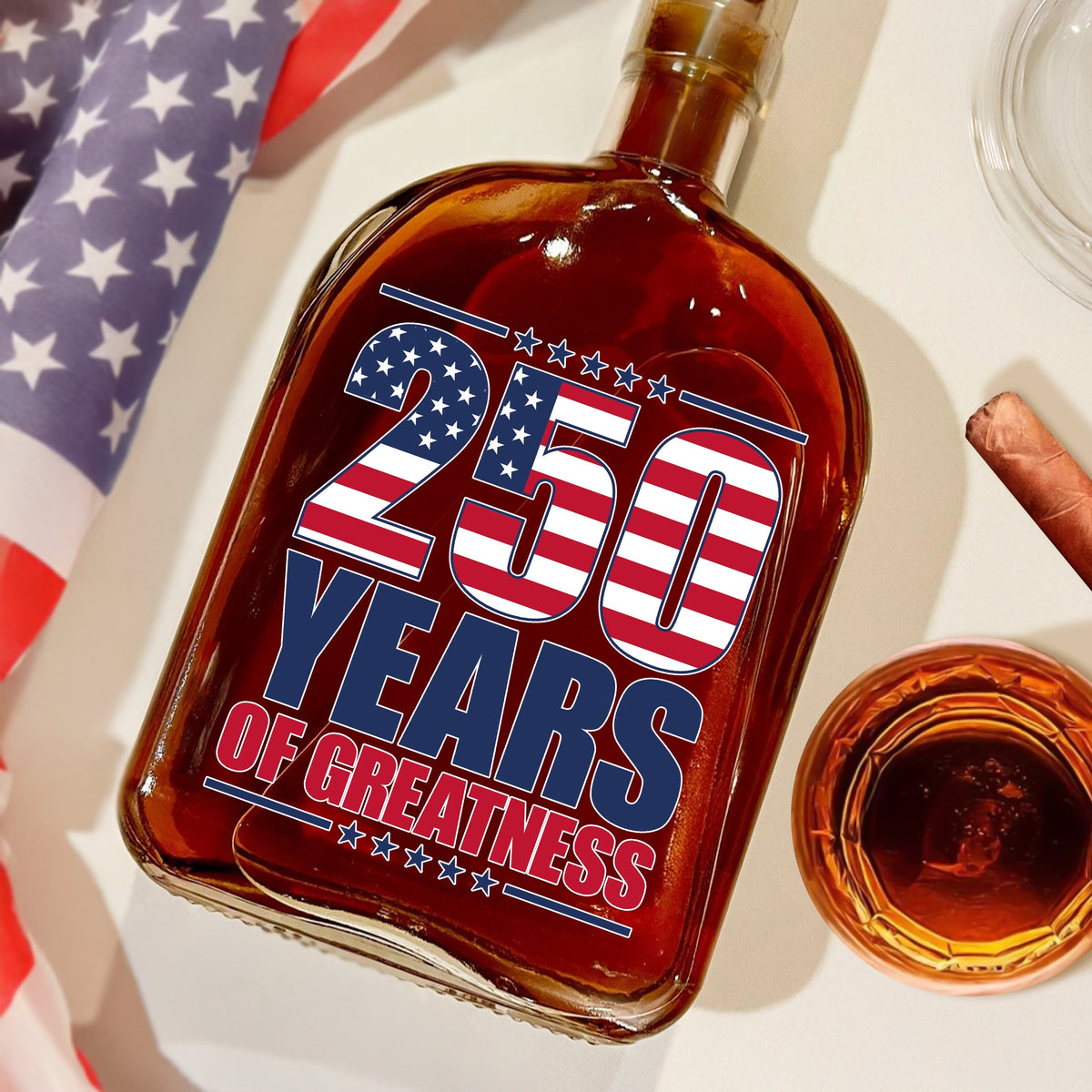 250 Years of Greatness USA Flag Patriotic 1776-2026 Anniversary Whiskey Bottle LM32 895225