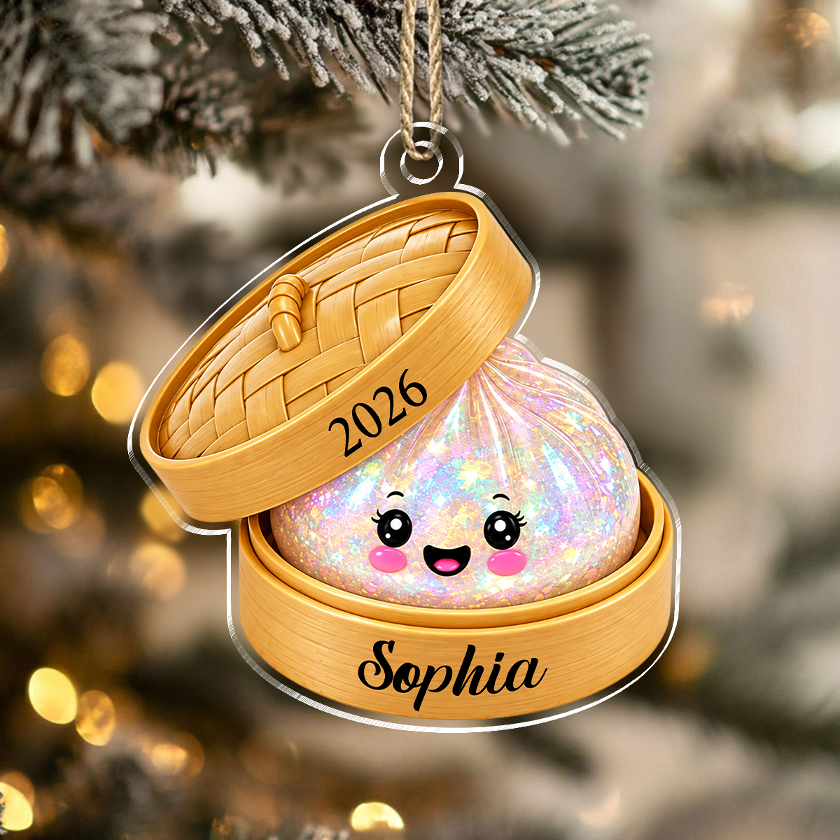 Custom Name Glitter Dumpling Bamboo Steamer Acrylic Ornament, Holiday Keepsake HO82 903730