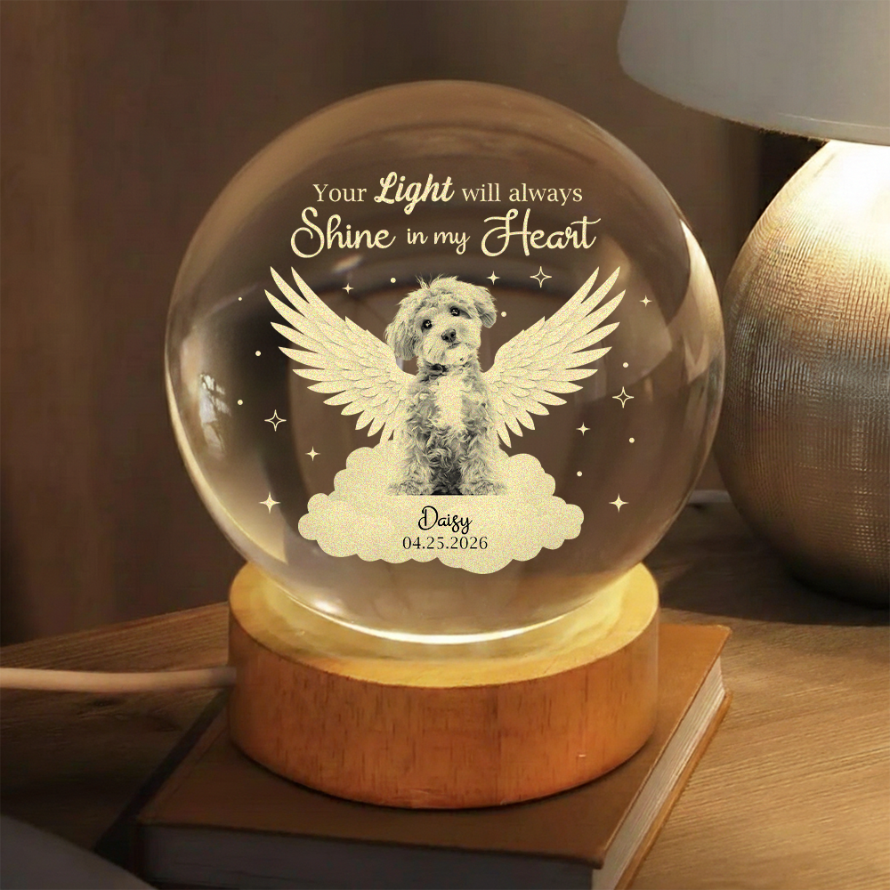Custom Photo Dog Cat Pet Your Light Will Always Shine In My Heart Memorial Engraved Crystal Ball LED Night Light HO82 901434