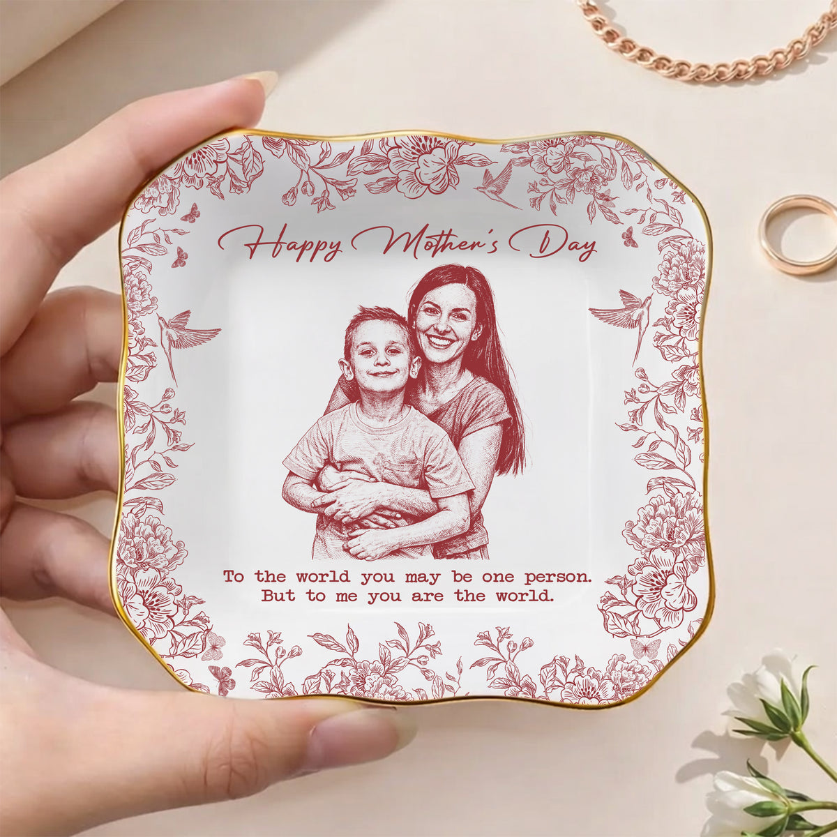 Custom Photo Pencil Sketch Happy Mother's Day To Mom Personalized Ring Dish HA75 920706
