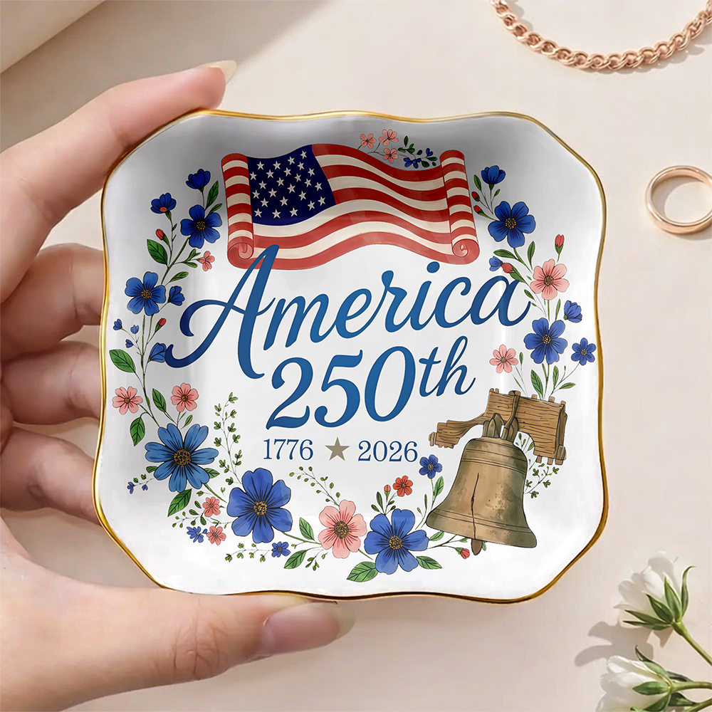America 250th Anniversary 1776–2026 Floral Ring Dish – Patriotic Jewelry Tray Gift LM32 899509