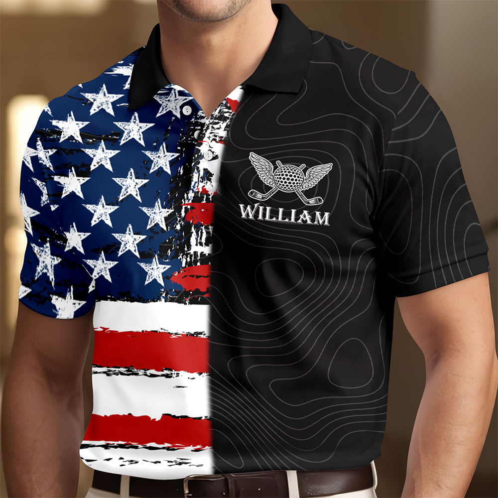 Personalized Name Golf Man American Flag Polo Shirt For Golfer LM32 899087