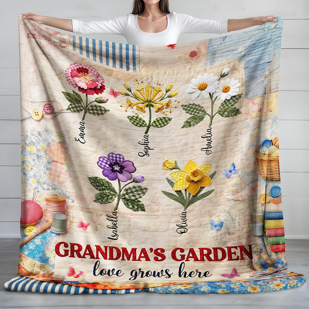 Custom Name Grandma's Garden Love Grows Here Blanket - Personalized Birth Flower Mother’s Day Gift CH07 911194