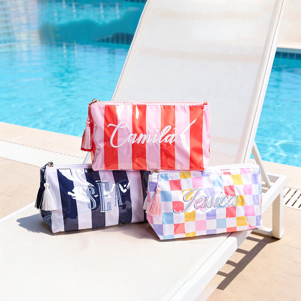 Personalized Name Embroidered Monogram Striped Waterproof Makeup Bag - Gift For Mom, Girlfriend, Women, Summer Gift CH07 911340