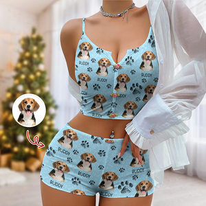 Custom Portrait Photo Dog Cat Christmas Appliques Notched Neckline Lingerie Set LM32 893905