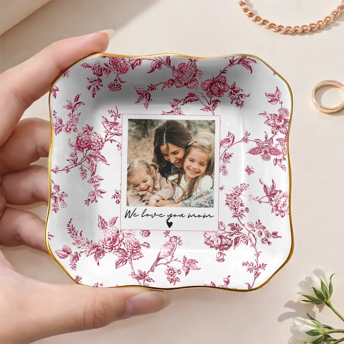 Custom Photo I Love You Mom Toile De Jouy Ring Dish, Personalized Mother’s Day Gift LM32 899809