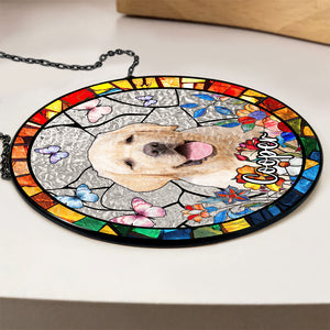 Custom Dog Photo With Flower Memorial Stained Glass Suncatcher, Pet Loss Gift HO82 894318