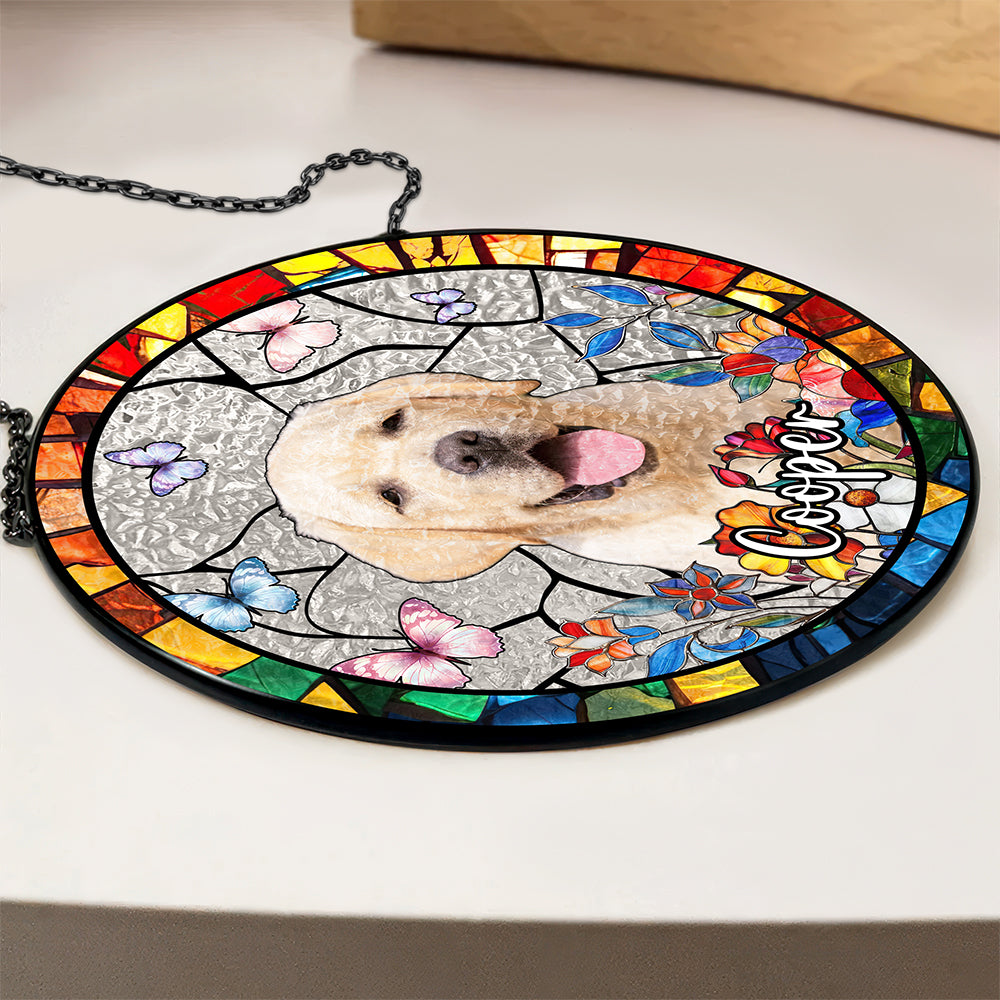 Custom Dog Photo With Flower Memorial Stained Glass Suncatcher, Pet Loss Gift HO82 894318