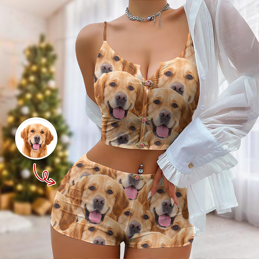 Custom Cute Dog Cat Face Appliques Notched Neckline Lingerie Set LM32 893961