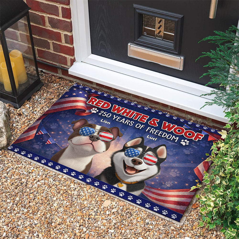 Personalized Cute Dog Red White Woof America 250 Years Of Freedom Doormat TH10 169055