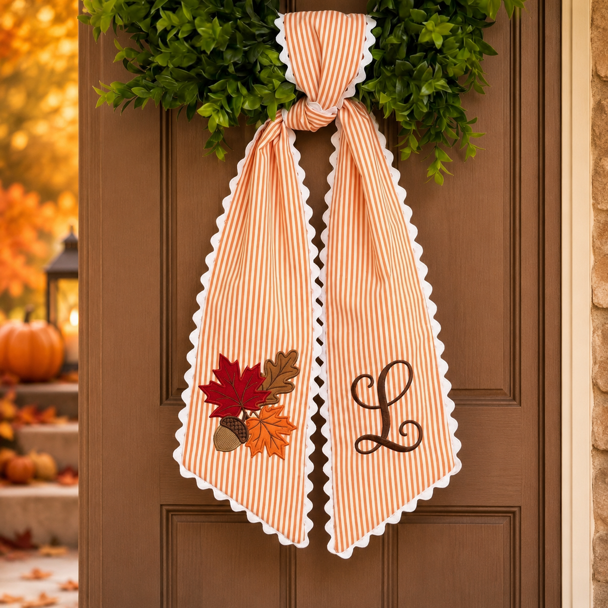 Personalized Embroidered Initial Fall Autumn Leaf Season Wreath Sash LM32 669759