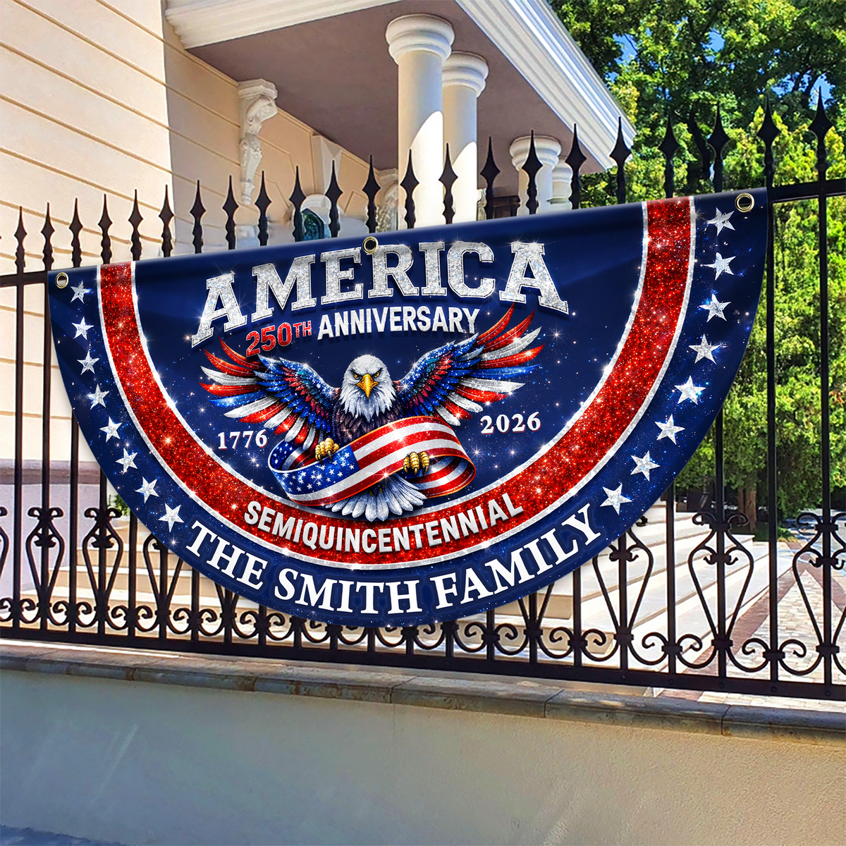 Custom Family Name America 250th Anniversary 1776-2026 Patriotic Eagle Non-Pleated Fan Flag HA75 920842