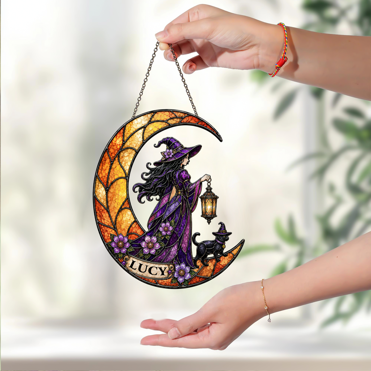 Custom Name Witch & Cat Halloween Stained Glass Suncatcher - Personalized Spooky Window Hanging CH07 180186