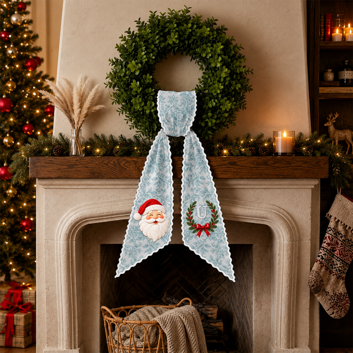 Personalized Monogram Letter Santa Claus Christmas Embroidered Wreath Sash, Festive Holiday Door Decor LM32 670203