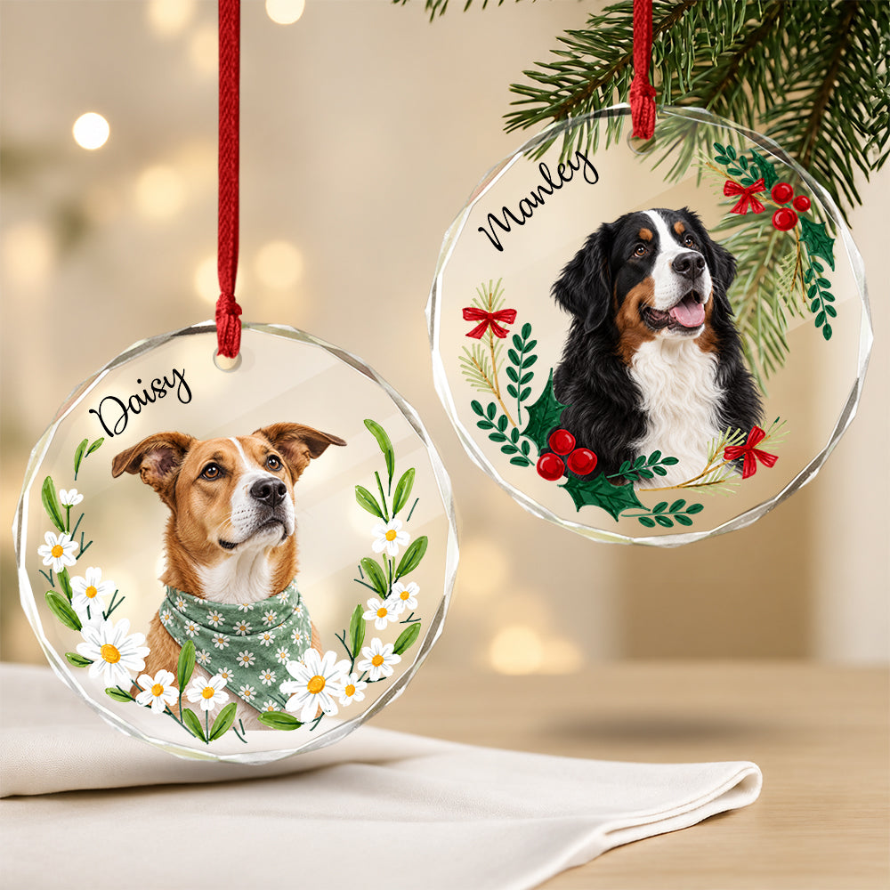 Custom Dog Photo And Name Flower Glass Ornament, Personalized Christmas Tree Decoration for Pet Lovers LM32 670361