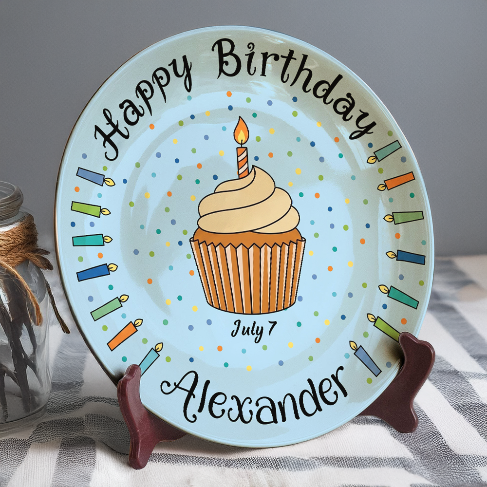 Custom Name Happy Birthday Cake & Candles Ceramic Plate - Personalized Birthday Gift LM32 669411