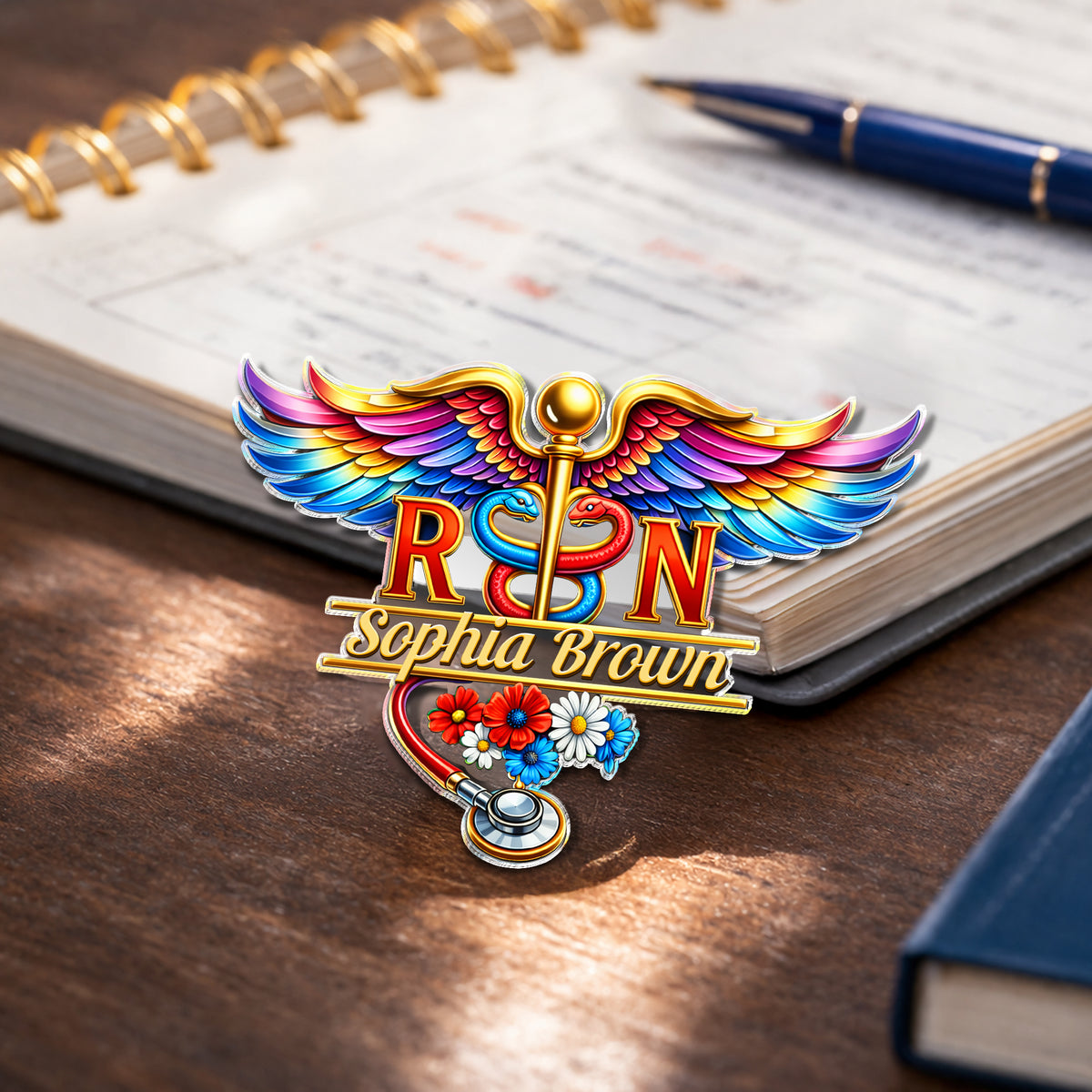 Custom Name RN Nurse With Caduceus Wings & Stethoscope Acrylic Pin HO82 901964