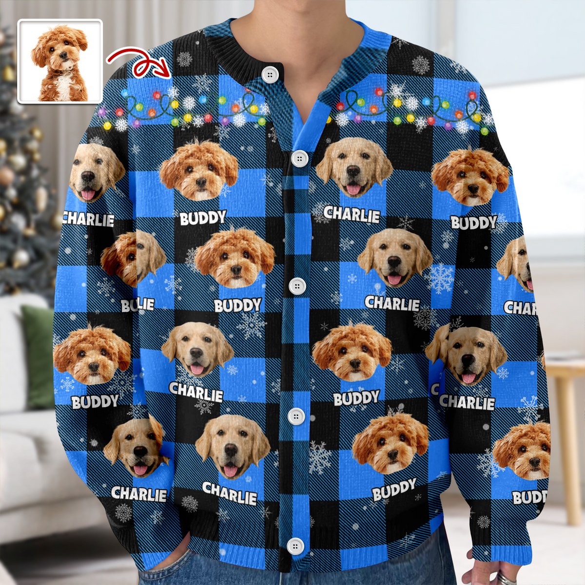 Custom Dog Photo Name Christmas Light Snow Cardigan CH07 899596