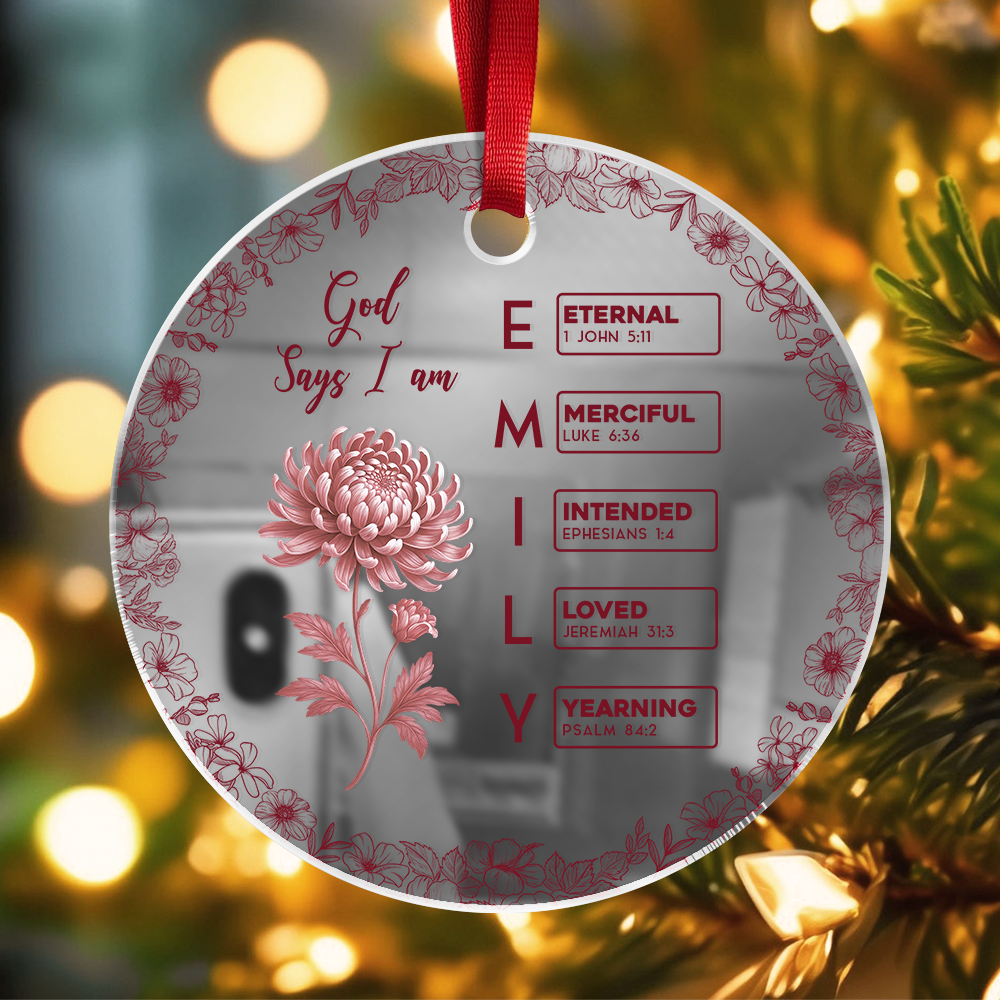 God Says I Am Name Letter In Bible Birth Flower Toile De Jouy Style - Personalized Mirror Ornament TH10 894875