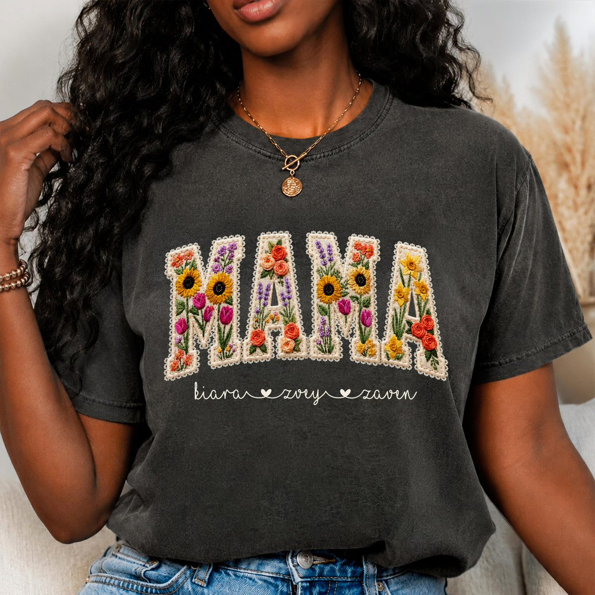 Custom Mama Shirt With Kids Names Faux Embroidery Effect Comfort Shirt HO82 903346