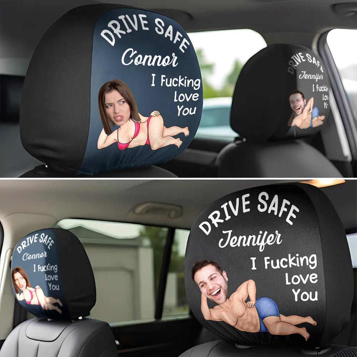 Custom Funny Photo Couple Drive Safe I Freaking Love You - Personalized Car Headrest Covers CH07 910090