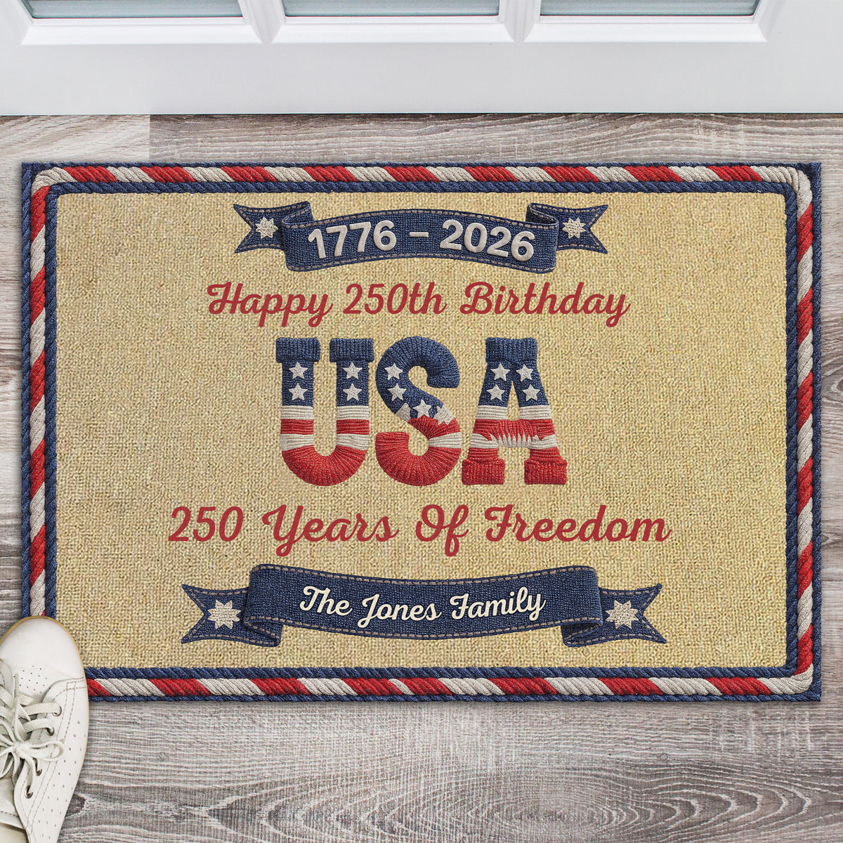 Personalized USA 250th Birthday Faux Yarn Pattern Doormat - 2D Printed Not Embroidered Patriotic America Decor HO82 901576