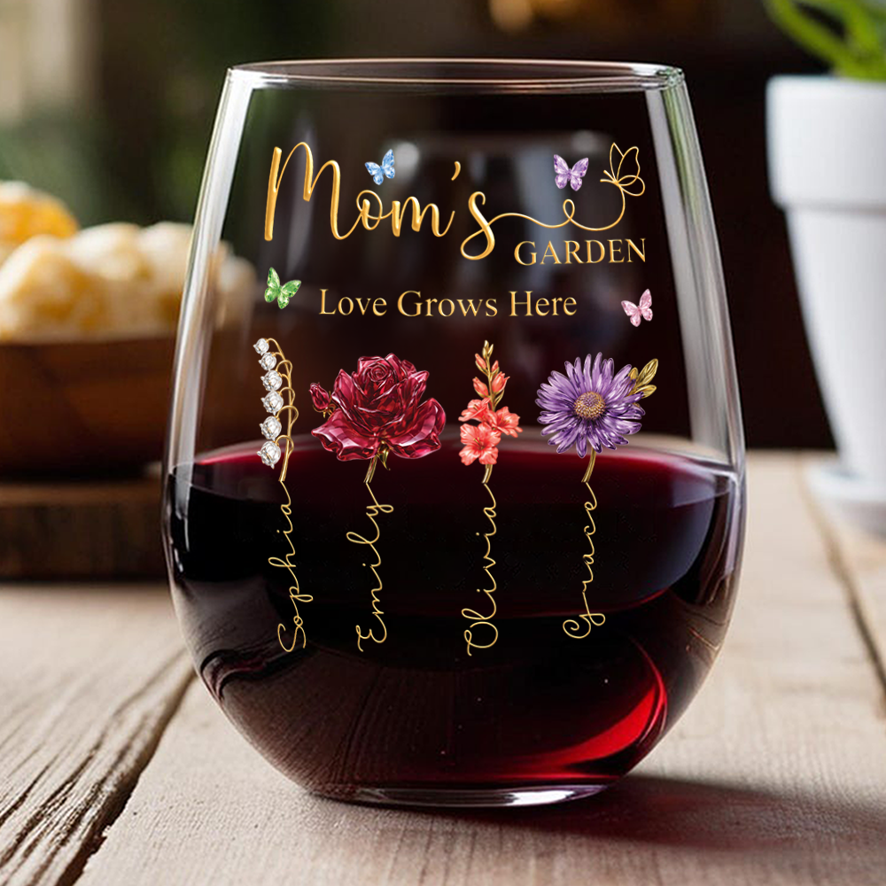 Custom Name Mom's Garden Love Grows Here Wine Glass, Personalized Birth Flower Gift for Mom CH07 911212
