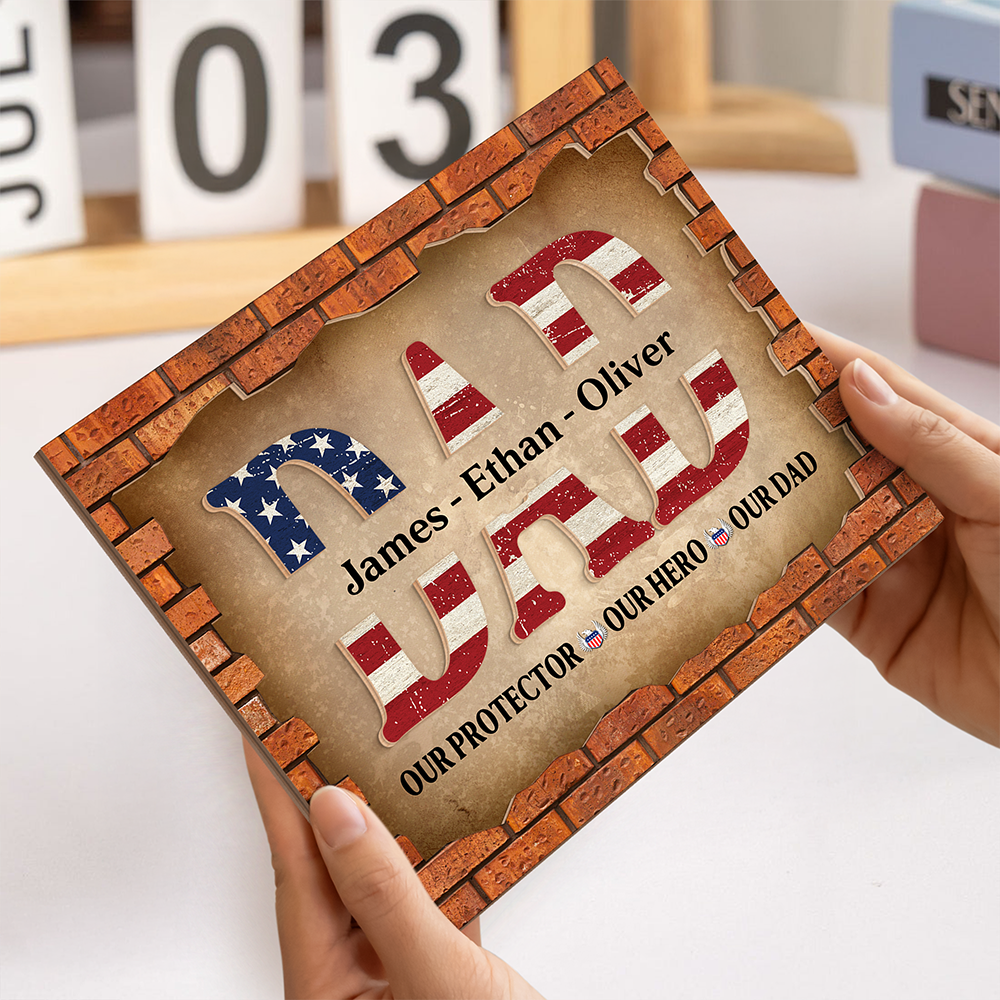 Personalized Gift For Dad American Flag and Red Brick 2-Layered Wooden Plaque With Stand LM32 893631