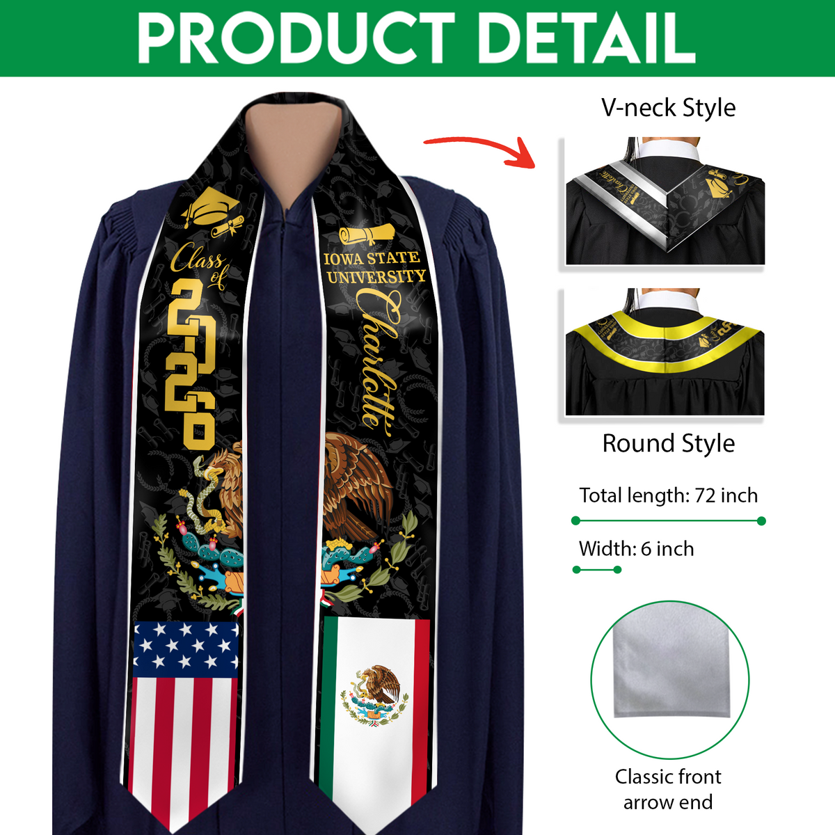 Custom Class of 2026 Mexican American Flag Graduation Stole TH10 898307