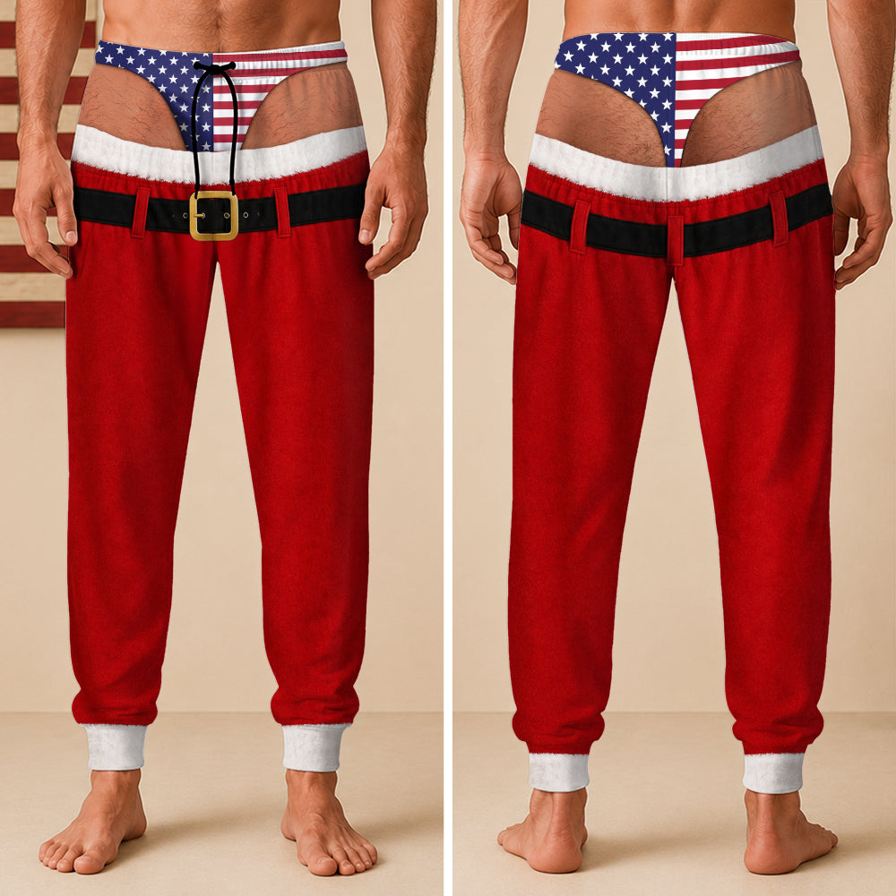 Personalized Funny Santa USA Flag Fake Underwear Sweatpants – Novelty Christmas Pants, Festive Gift For Him CH07 180396