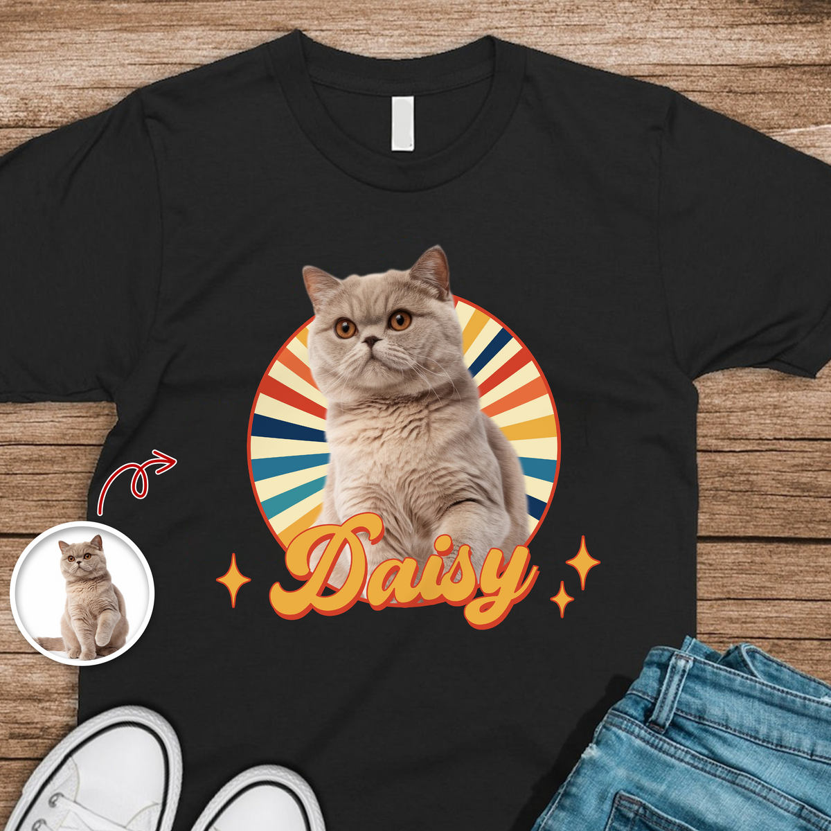 Custom Cute Cat Photo Retro Dark Shirt For Cat Lovers