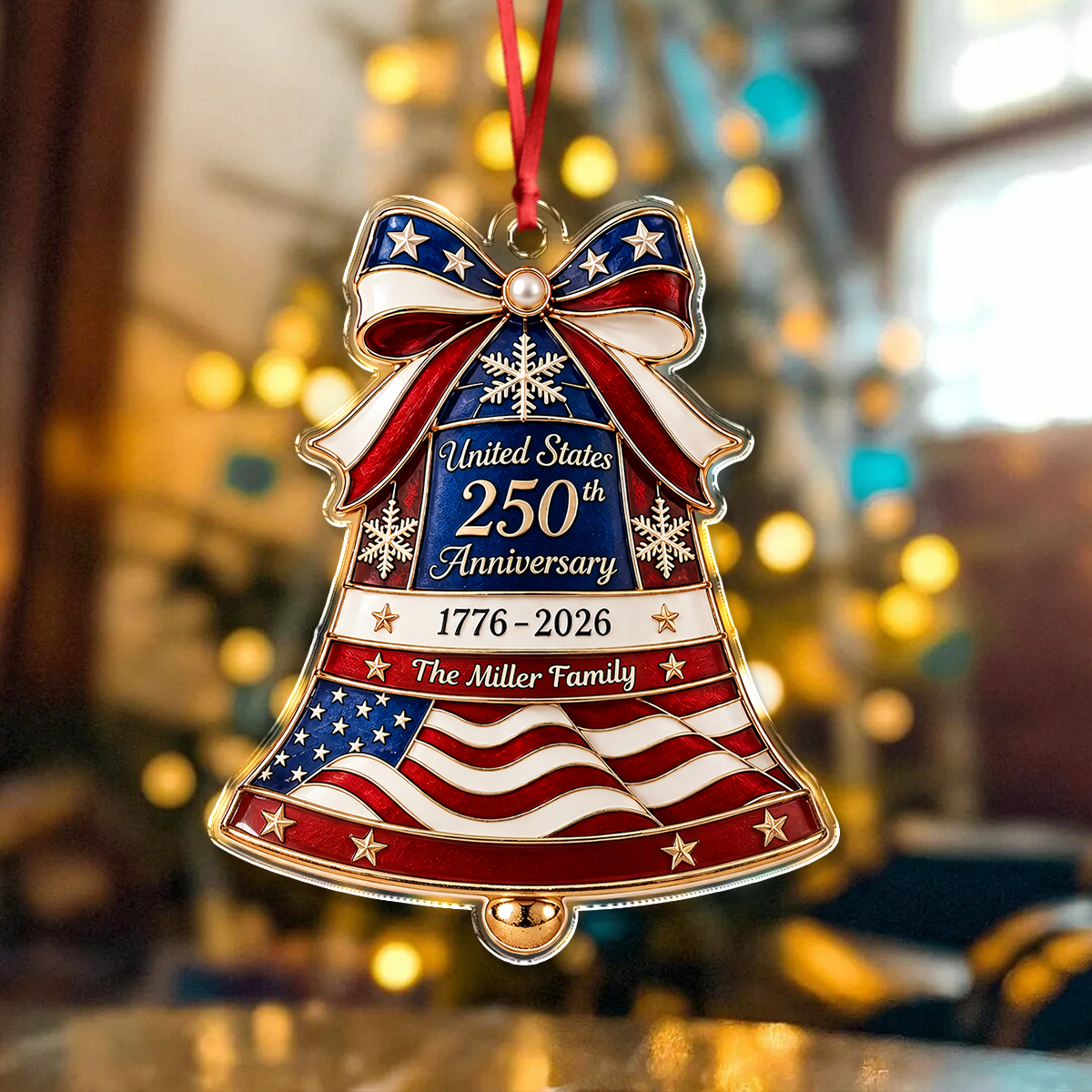 Custom Family Name USA 250th Anniversary Liberty Bell Acrylic Ornament Christmas Tree Decor, Patriotic Keepsake Gift HA75 919354