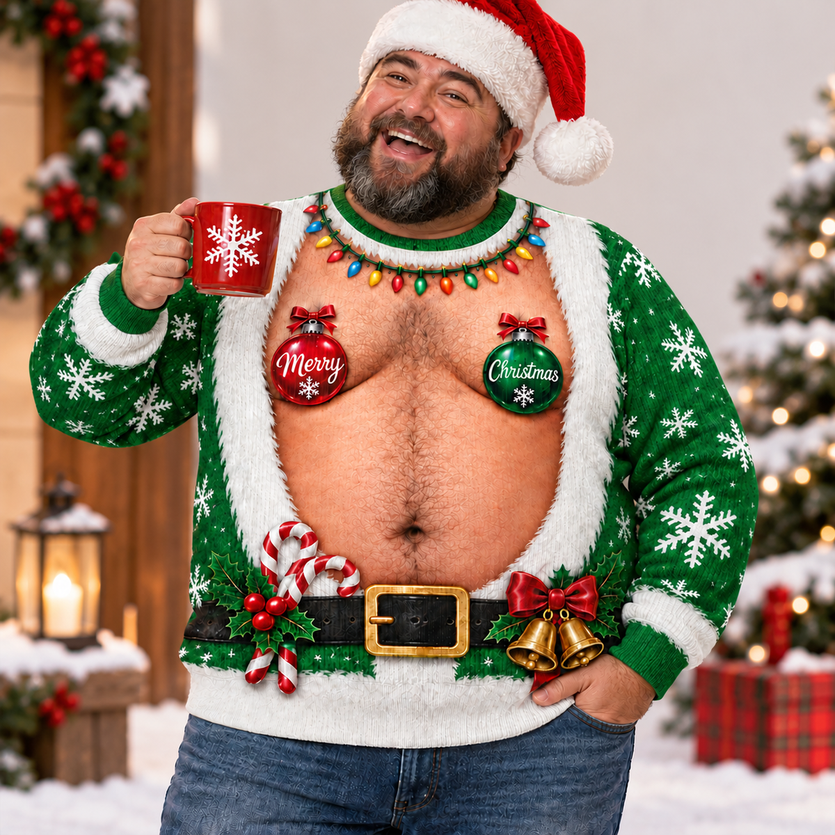 Funny Hairy Santa Belly Boobs Merry Christmas Ugly Sweater LM32 670087