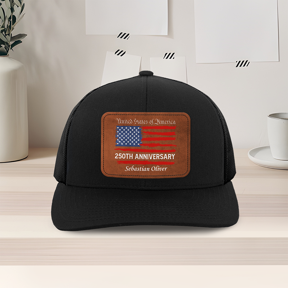 Custom Name USA 250th Anniversary America Flag Leather Patch Hat HO82 902306
