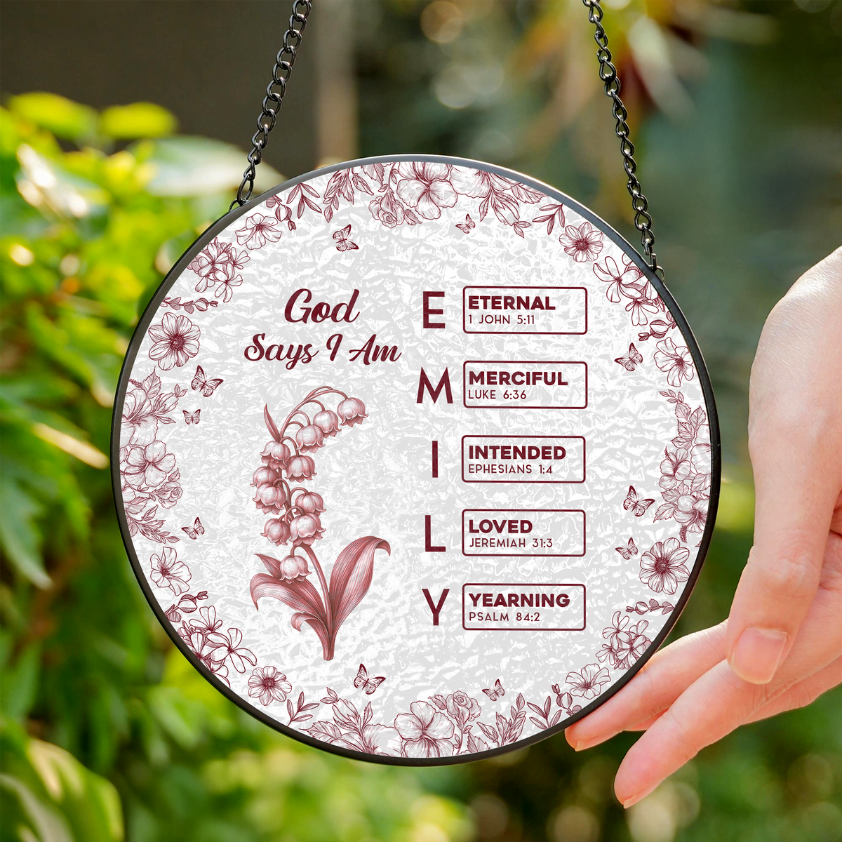 God Says I Am Name Letter In Bible Toile De Jouy Style - Personalized Stained Glass Suncatcher CH07 896962