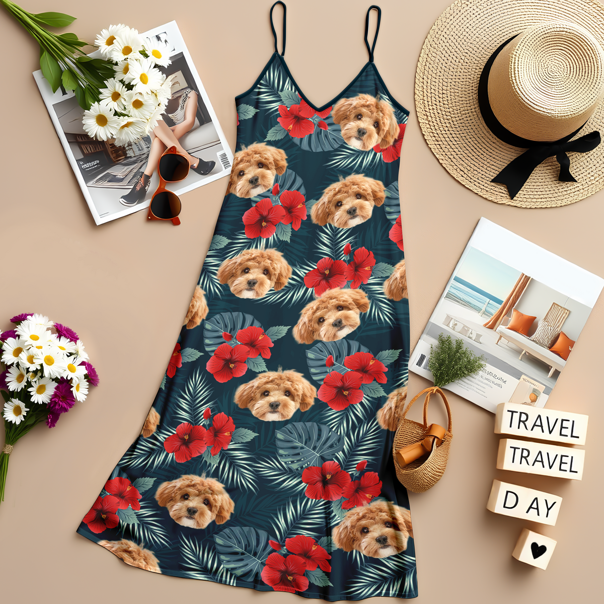 Custom Dog Photo Tropical Women's V-Neck Cami Maxi Dress HA75 892234