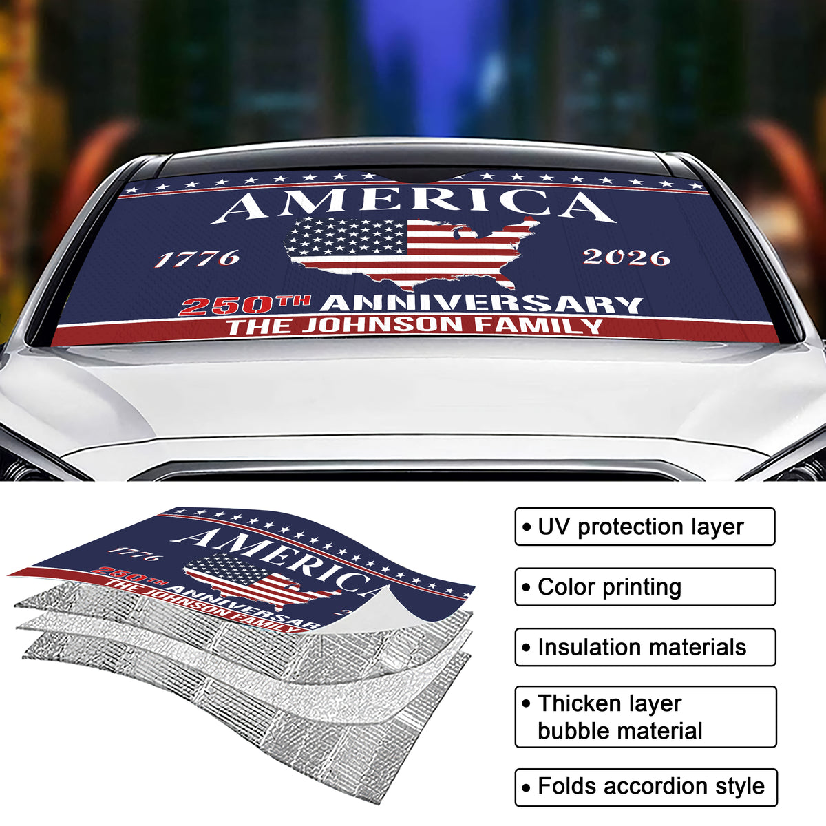 Custom Family Name US 250 Years Anniversary 1776-2026 America Flag Car Sunshade LM32 897763