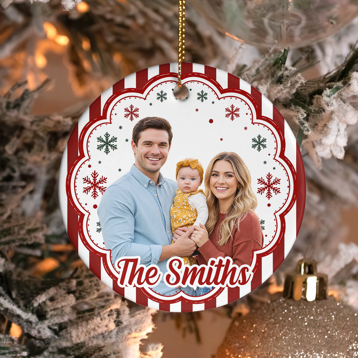 Custom Family Photo Striped Pattern Ceramic Christmas Ornament HA75 922130